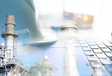 collage of exterior of petroleum refinery, a chemistry lab, and a computer keyboard