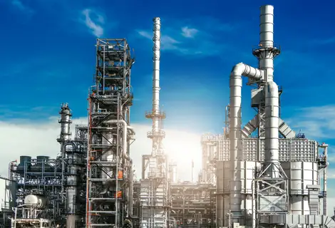 Exterior of refinery with blue sky